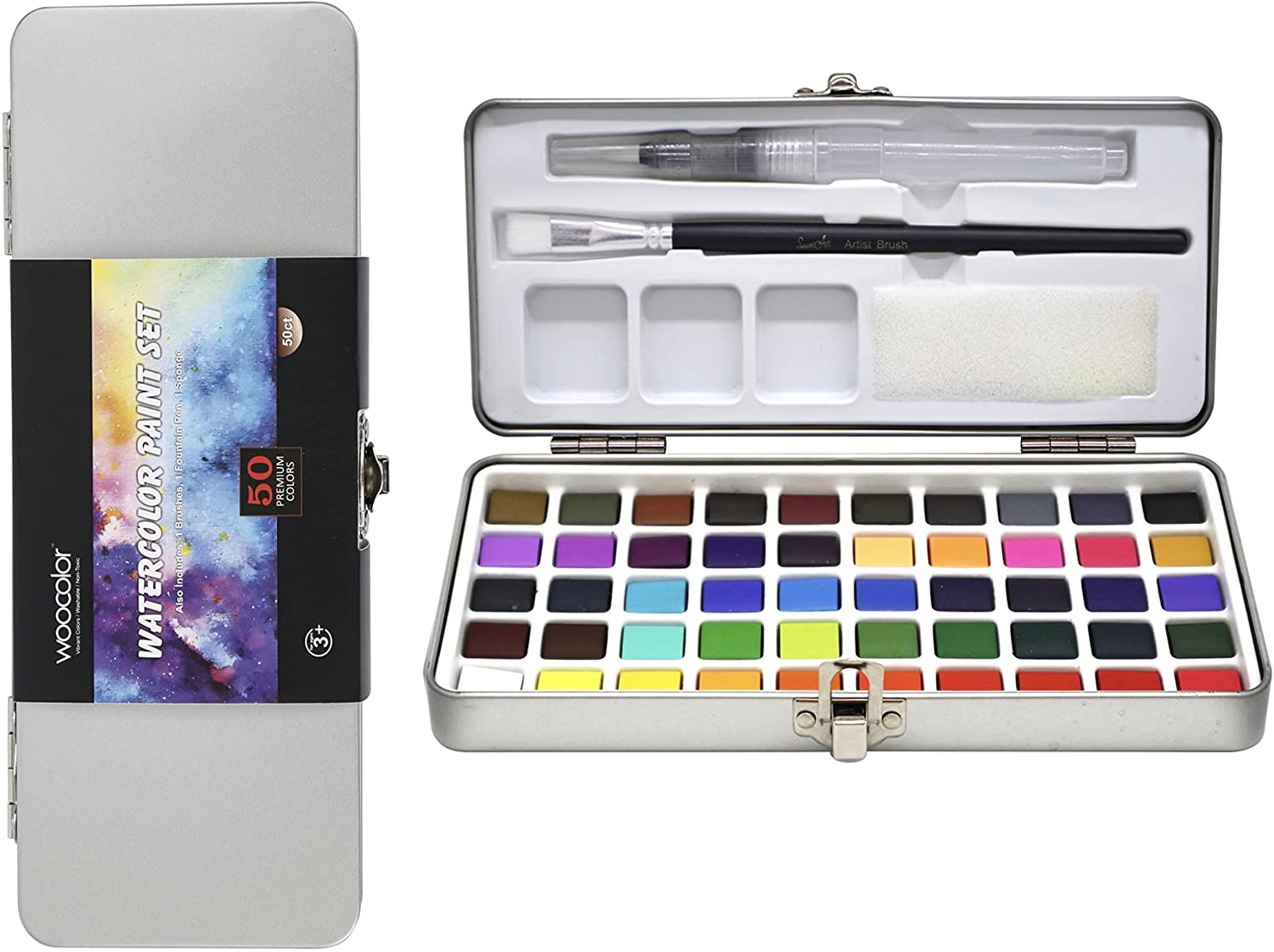 WOOCOLOR Watercolor Paint Set, 50 Colors, Watercolor Palette, Brush, Sponge in Portable Box, Travel Watercolors for Adults, Kids, Hobbyists, Art